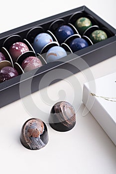 Box of handmade chocolates. Product concept for chocolatier