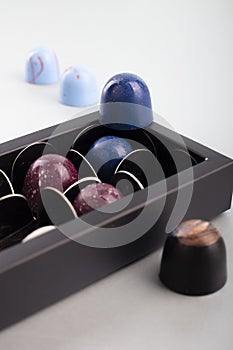 Box of handmade chocolates. Product concept for chocolatier