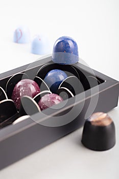 Box of handmade chocolates. Product concept for chocolatier