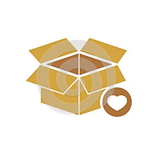 Box icon, delivery and shipping, open package, unbox icon with heart sign. Box icon and favorite, like, love, care symbol