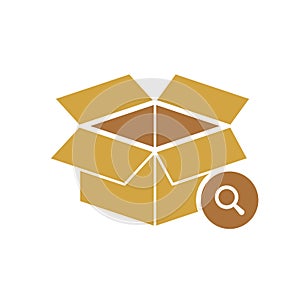 Box icon, delivery and shipping, open package, unbox icon with research sign. Box icon and explore, find, inspect symbol