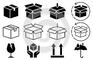 Box icon set in line style, delivery box, Package, export boxes, cargo box, return parcel, open package, with black fragile symbol