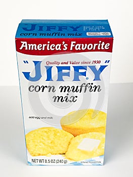 Box of Jiffy Corn Muffin Mix on White Backdrop