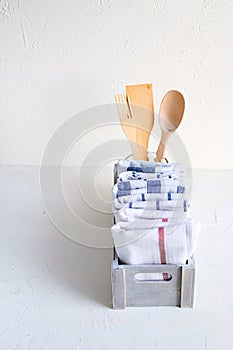 Box of kitchen utensils. Keeping or household concept.