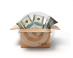 Box with large dollars bills isolated on white background