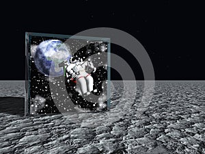 Box on lunar like surface contains astronaut photo