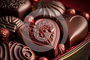 Box of luxury chocolates, extreme closeup with a shallow depth of field.