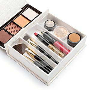 Box of makeup and brushes on transparent background