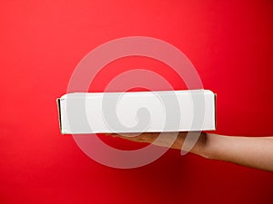 Box on male hand. Food shipping. Fast delivery service. Mockup style and copy space. Cardboard concept. Isolated on red