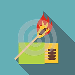 Box of matches and burning match icon, flat style