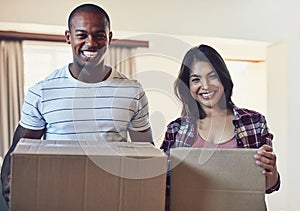 Box, moving and portrait of happy couple in dream home for property, sale or relocation success. Real estate, mortgage
