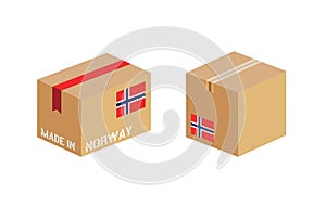 box with Norway flag icon set, cardboard delivery package made in Norway