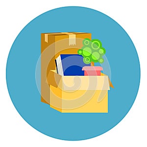 Box With Office Stuff Icon On Blue Round Background