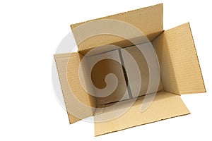 The box is open on a white background made of cardboard. Box is empty. Top view. Copy space