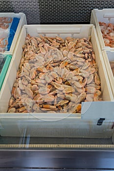 box orange Arctic shrimp sale presented refrigerated