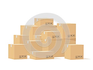 Box pile. Cardboard boxes different size with fragile signs, shipping goods carton package, stockpile cargo storage