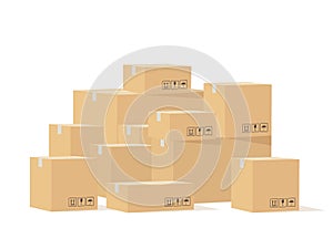 Box pile. Cardboard boxes different size with fragile signs, shipping goods carton package, stockpile cargo storage photo