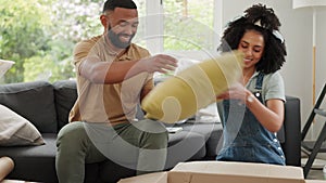 Box, property or black couple moving into new home or black woman helping a black man with blanket and pillows