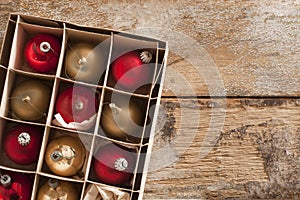 Box of red and gold Christmas baubles
