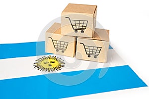 Box with shopping cart logo and Argentina flag, Import Export Shopping online or eCommerce finance delivery service store product
