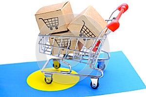 Box with shopping cart logo and Palau flag : Import Export Shopping online or eCommerce finance delivery service store product shi