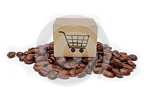 Box with shopping cart logo symbol on coffee beans