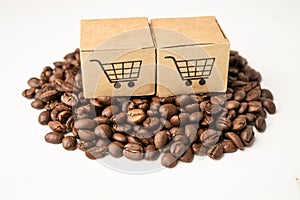 Box with shopping cart logo symbol on coffee beans, Import Export Shopping online or eCommerce delivery service store product