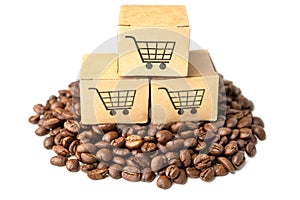 Box with shopping cart logo symbol on coffee beans, Import Export Shopping online or eCommerce delivery service store product