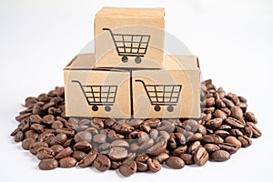 Box with shopping cart logo symbol on coffee beans, Import Export Shopping online or eCommerce delivery service store product