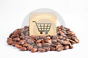 Box with shopping cart logo symbol on coffee beans, Import Export Shopping online or eCommerce delivery service store product