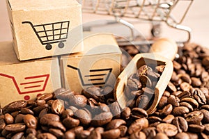 Box with shopping cart logo symbol on coffee beans, Import Export Shopping online or eCommerce delivery service store product