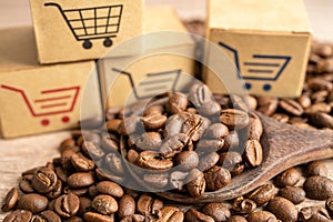 Box with shopping cart logo symbol on coffee beans, Import Export Shopping online or eCommerce delivery service store product