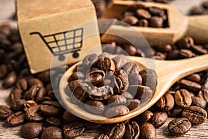 Box with shopping cart logo symbol on coffee beans, Import Export Shopping online or eCommerce delivery service store product