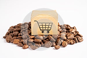 Box with shopping cart logo symbol on coffee beans, Import Export Shopping online or eCommerce delivery service store product ship