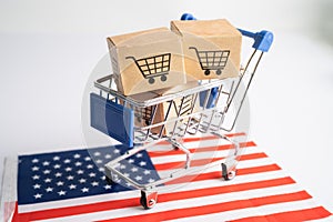 Box with shopping cart logo and USA America flag, Import Export Shopping online or eCommerce finance delivery service store