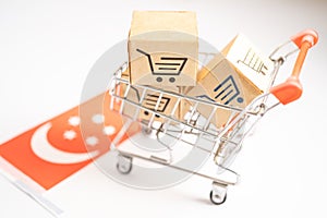 Box with shopping online cart logo and Singapore flag, Import Export Shopping online or commerce finance delivery service store