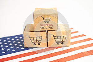 Box with shopping online cart logo and USA America flag, Import Export Shopping online or commerce finance delivery service store