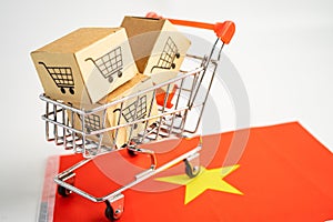 Box with shopping online cart logo and Vietnam flag, Import Export Shopping online or commerce finance delivery service store