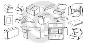 Box sketch. Hand drawn cardboard cargo package. Open and closed paper post mail parcel. Product carton wrappers. Merchandise