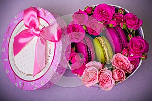 Box with spring color macaroons background for valentines mother woman day easter with love