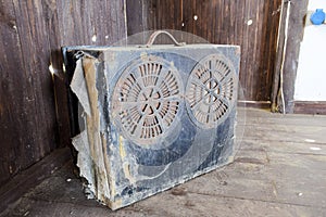 Box of a suitcase with old speakers. Ancient audio system