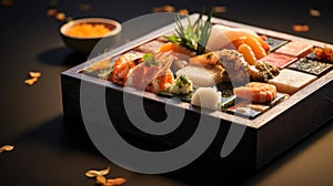 A box of sushi on a table with a bowl of rice, AI