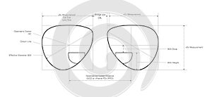 Box System of Measurement of Bifocal lens glasses Eye frame fashion accessory technical illustration. Sunglass style