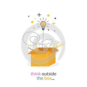 Box think outside. Light bulb line concept. Creativity idea. Think good idea. - vector