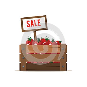 A box of tomatoes. Selling vegetables. Street food trade. Vector