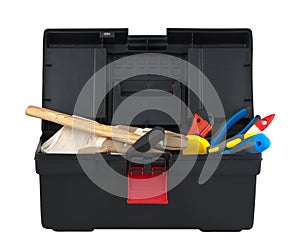 Box with tool on white background