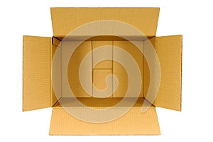 Box, top view open plain brown blank empty cardboard box isolated on white