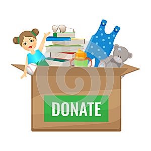 Box with toys and books to donate for children