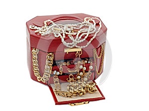 Box of treasure with gold jewelry photo