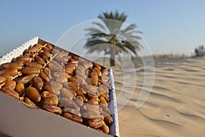 Box of Tunisian dates on the sand with palm tree background
